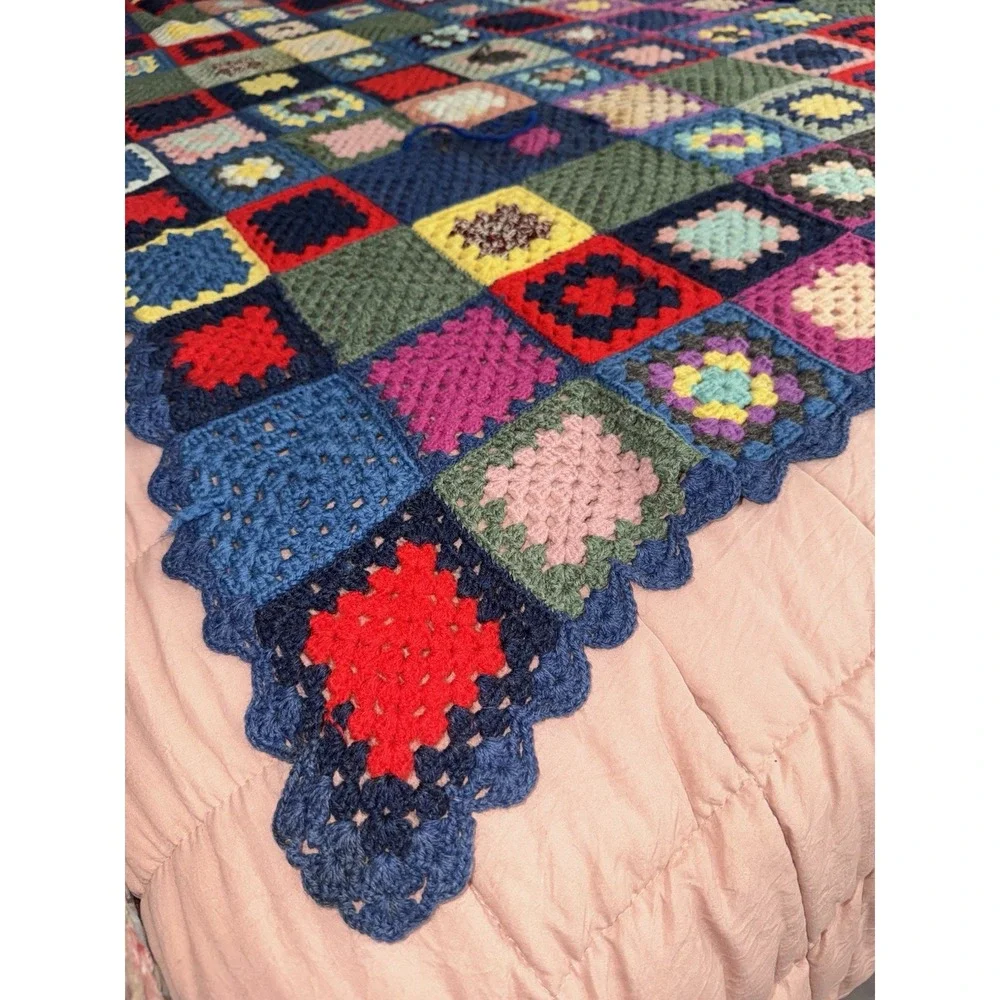 Vintage Granny Square Afghan Blanket Crochet Bohemian throw 68x52